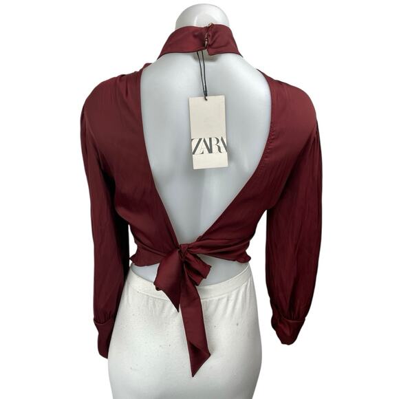NEW Zara Red Silk Satin Long Sleeve Turtleneck Open Back Blouse Top Size XS - Picture 2 of 3